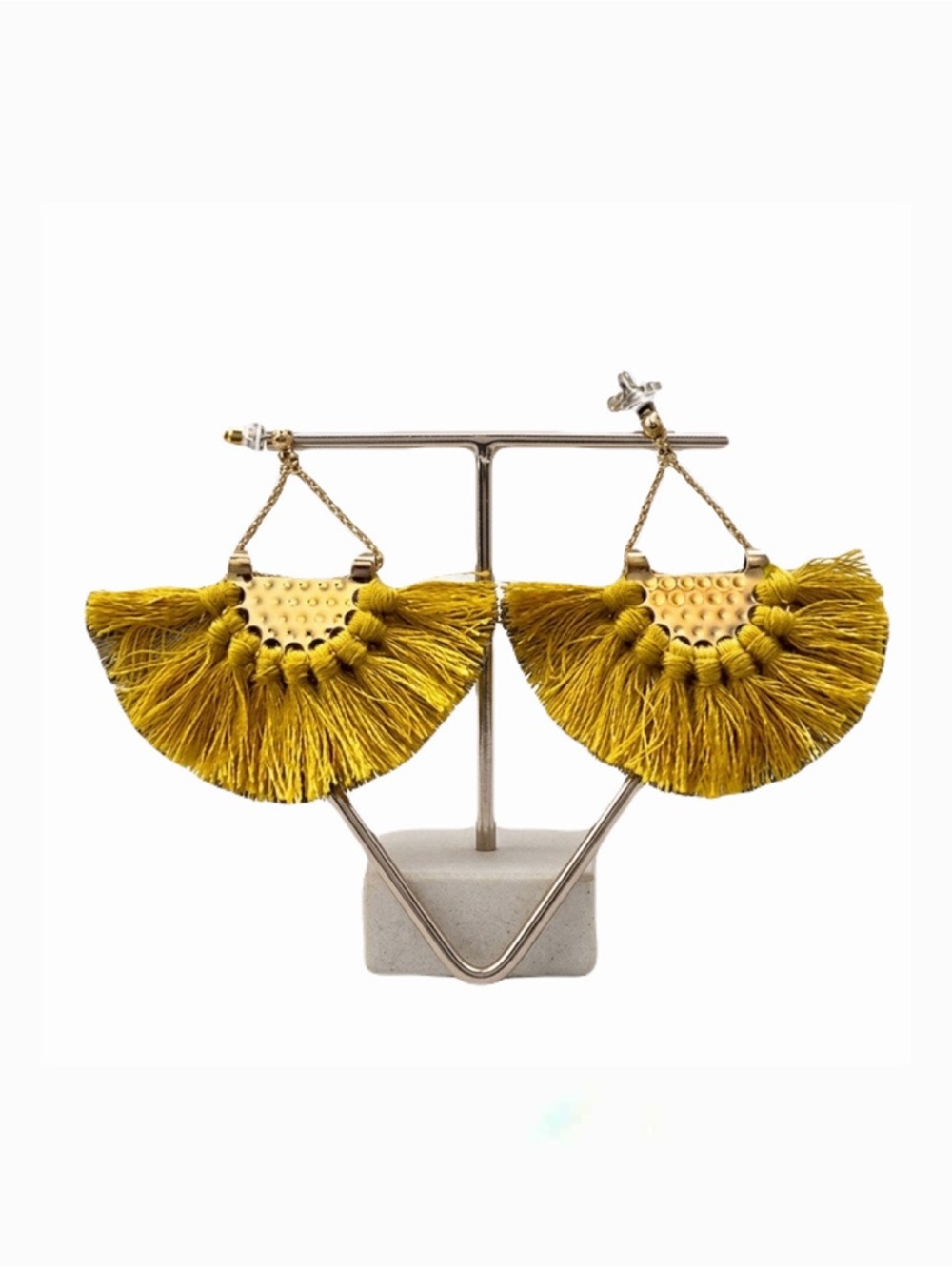 Vintage Bohemian Hammered Gold Mustard Yellow Tassel Chain Dangle Stud Earrings